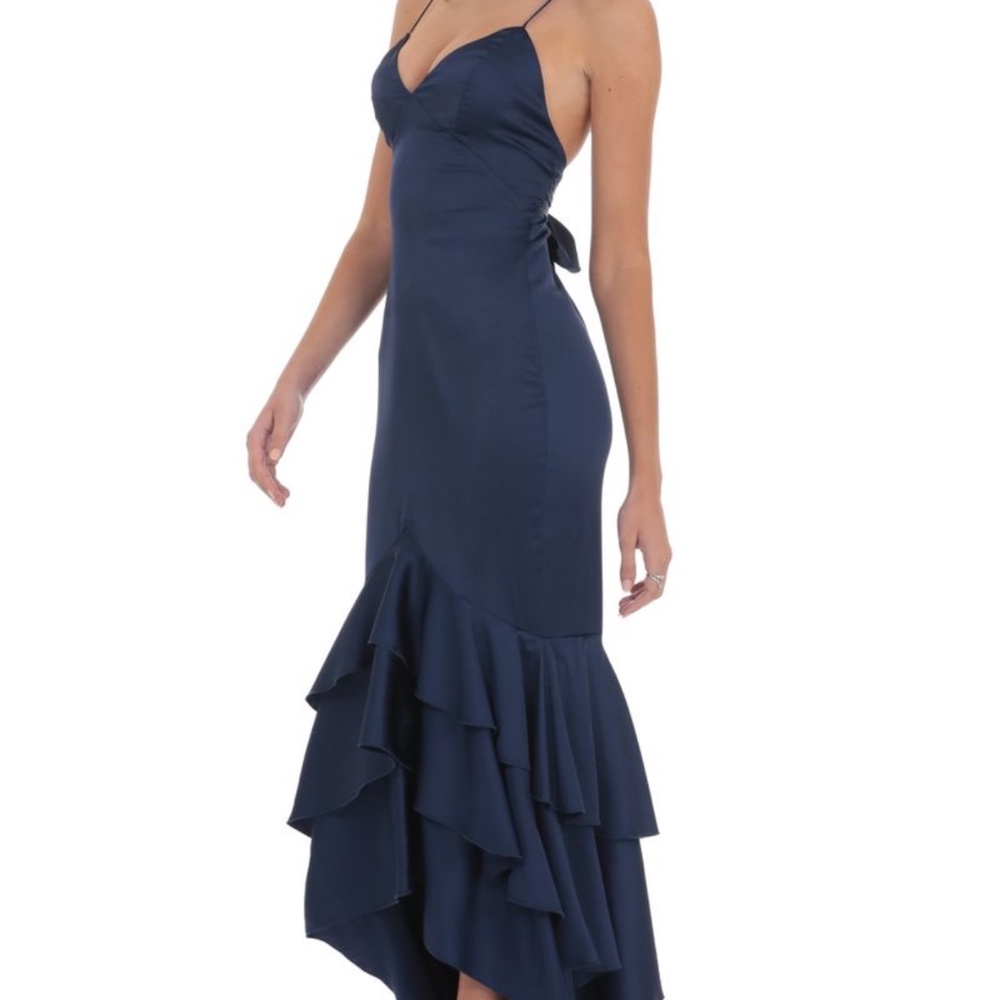 LUCY IN THE SKY Navy Satin Fishtail Ruffle Maxi Dress